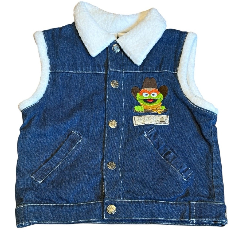 Sesame Street Vintage Denim Vest 3T Oscar Cowboy Club Fleece Collar‎ Snap Unisex